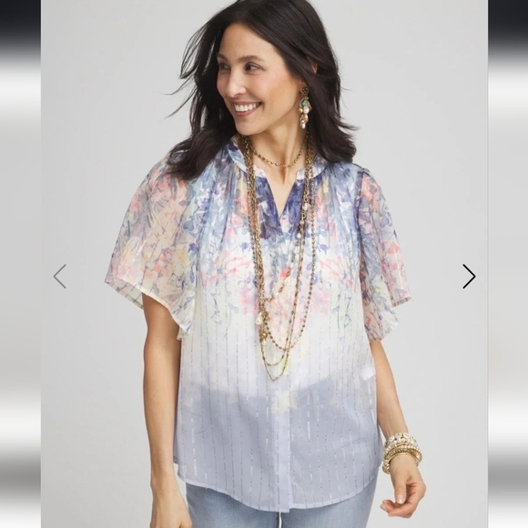 Chico's Sheer Floral Striped Jacquard Flutter-Sleeve Button Down Size Large - Picture 2 of 11